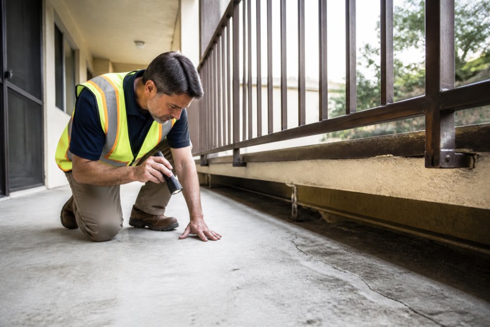 Property manager in work vest examining concrete balcony decking for spalling and moisture damage, using flashlight to inspect underside of railing in natural daylight
