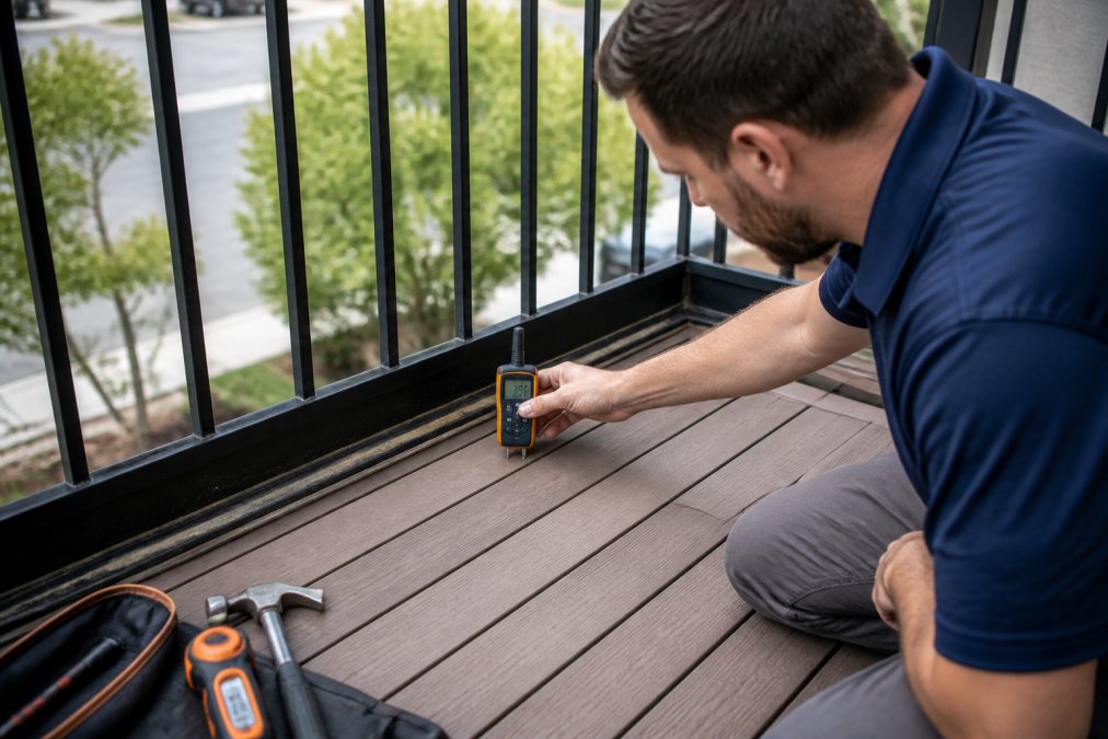 Licensed inspector using handheld moisture meter on balcony decking near the railing, taking readings to assess water content in the wood, with testing equipment visible on the work surface