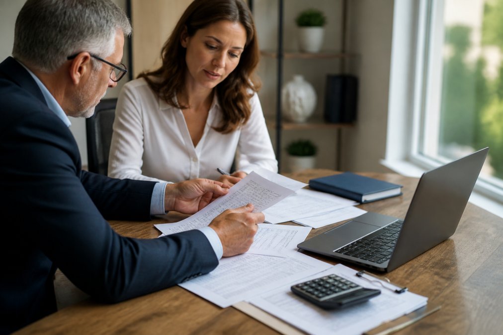 Financial advisor and client reviewing investment documents to manage capital gains tax strategies