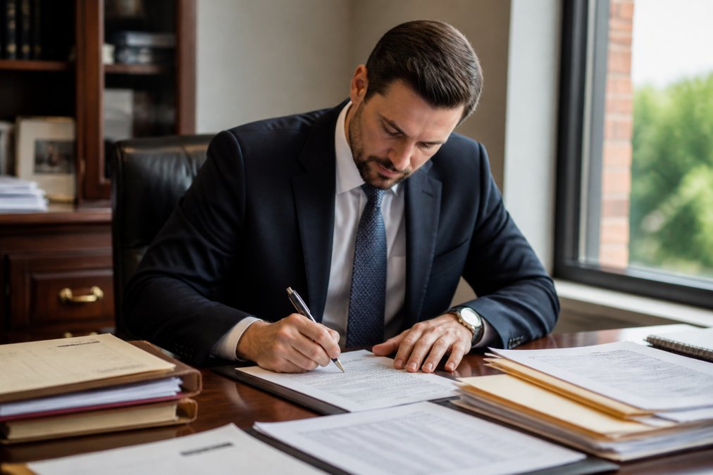 Financial advisor at desk reviewing and signing client notification letter, with contact list and transition documents spread across workspace, natural office lighting