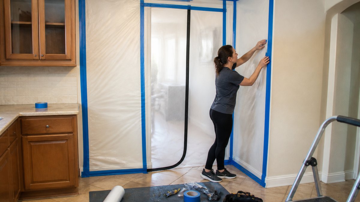 A homeowner taping heavy plastic sheeting over a kitchen doorway with a zipper door installed, sealed seams visible, tools and tape roll nearby, daytime interior lighting