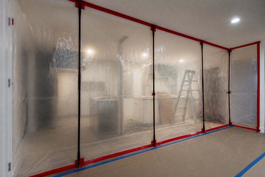 A kitchen work zone sealed with clear plastic sheeting and zip wall barriers, showing doorways completely blocked off with protective film during active renovation, with visible dust particles in the air being contained by the barriers