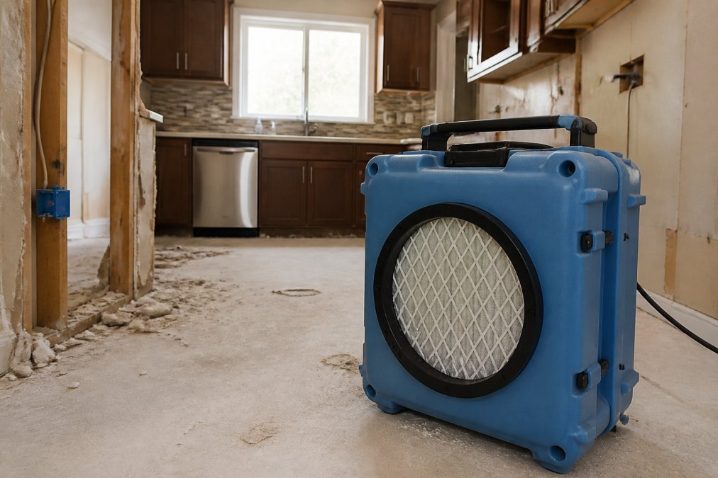 A portable air scrubber unit running in a kitchen during demolition, with visible dust particles being captured and filtered, showing the unit positioned strategically for effective air circulation and filtration