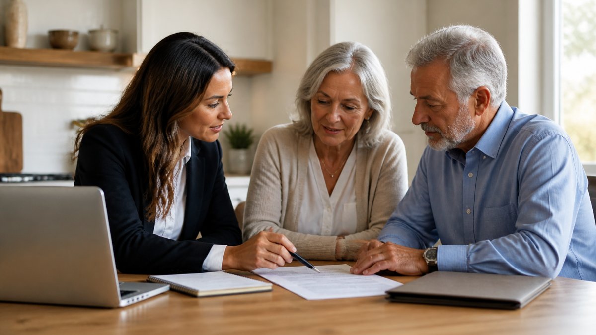 A financial advisor and an older couple reviewing estate planning documents at a kitchen table, with a laptop and notepad nearby, warm natural light