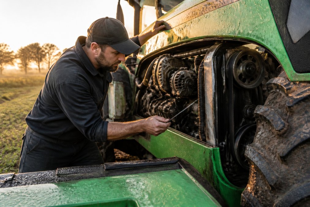 Farmer in work clothes performing a visual inspection of tractor engine, checking fluid levels and belt tension in early morning light with dew on the machinery
