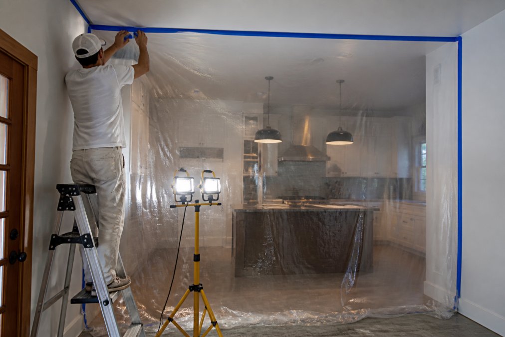 Worker installing heavy-duty plastic sheeting along doorway and ceiling of kitchen renovation zone, using clear 6-mil plastic and blue painter's tape, with bright work lights illuminating the sealed containment area