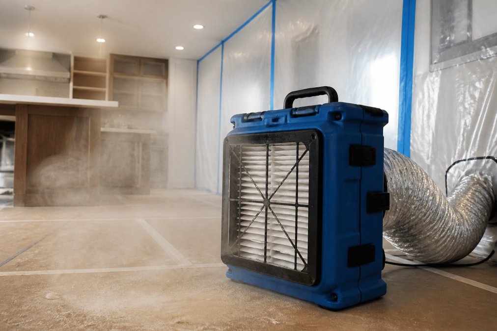 Portable air scrubber unit with HEPA filter running in actively dusty kitchen renovation work zone, showing plastic-contained area with visible dust clouds being pulled toward the unit's intake, professional setup with ducting