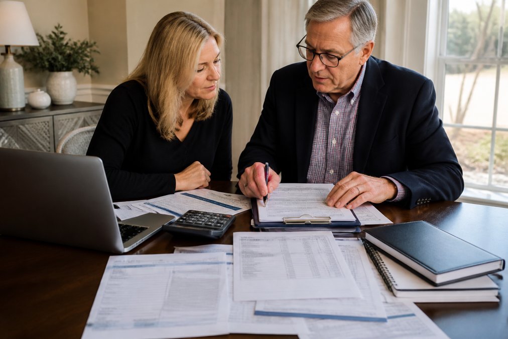 Financial advisor and client reviewing Medicare documents, tax forms, and retirement planning materials at a desk with a laptop and calculator visible