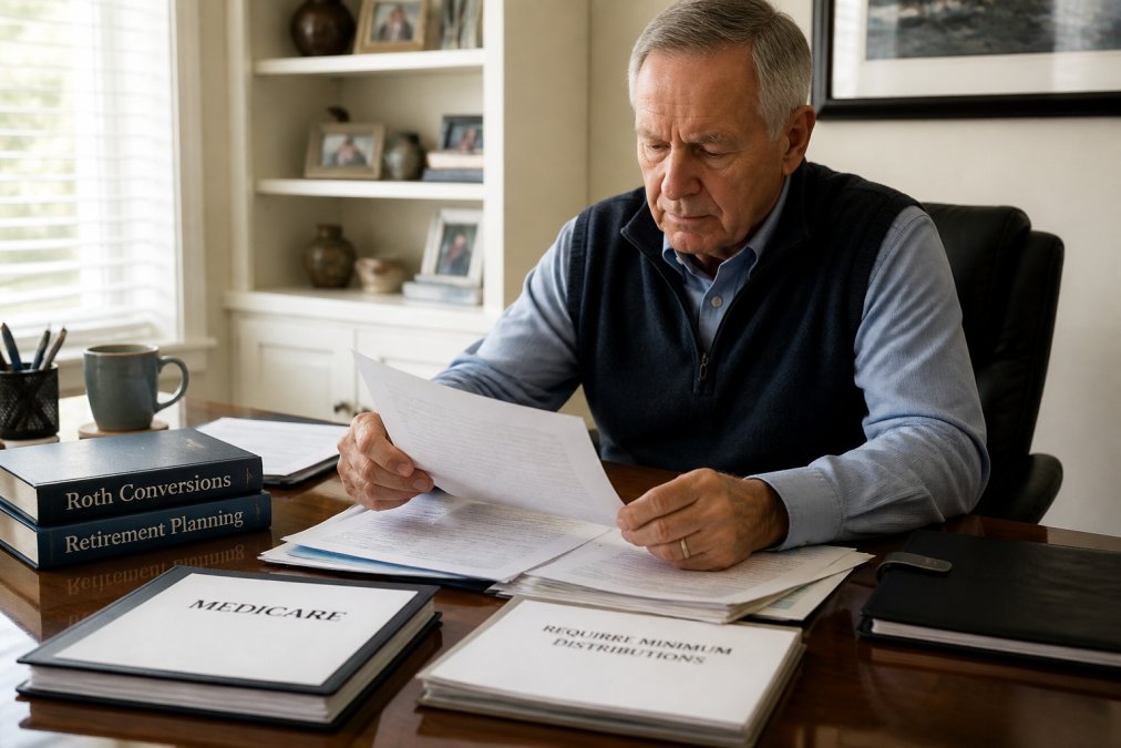 Professional in home office working at computer, with Medicare statements, tax documents, and retirement planning materials organized on desk