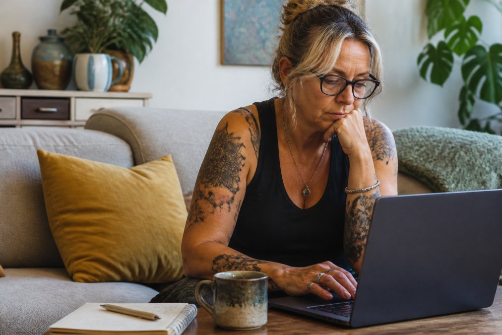A woman in her 40s sitting on a couch with a laptop, looking tired but determined, with a cup of tea and a notebook beside her in a cosy living room