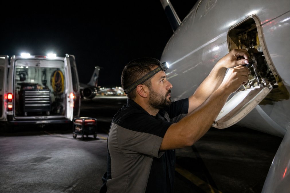 Aviation maintenance technician working on aircraft exterior at night with mobile maintenance van and equipment visible in background, Fort Lauderdale