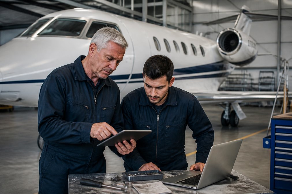 Aircraft maintenance team reviewing digital maintenance records on tablet and laptop in hangar with private jet in background, Fort Lauderdale
