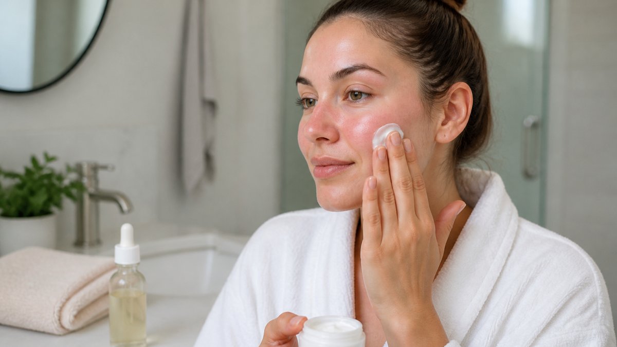 A woman with slightly red skin gently applying a white moisturizer to her face in a bright bathroom, with a bottle of soothing serum and a soft towel on the counter