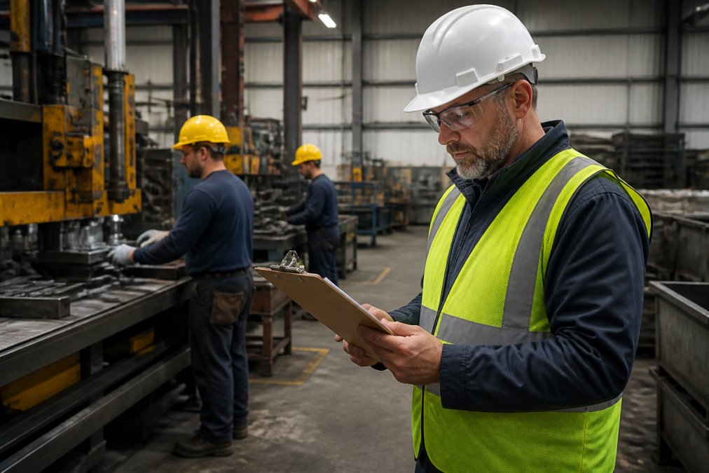 Safety manager reviewing a checklist to avoid a Cal/OSHA penalty while workers operate machinery nearby.