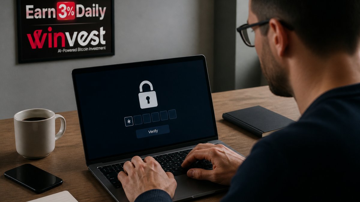 Professional demonstrating secure cryptocurrency exchange login with two-factor authentication on laptop screen, hands typing on keyboard with security lock icon visible