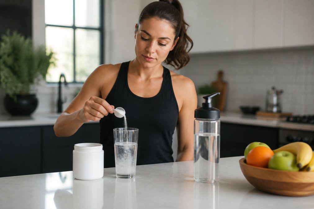 Person mixing electrolyte powder into a glass of water in a bright kitchen to mitigate fatigue.