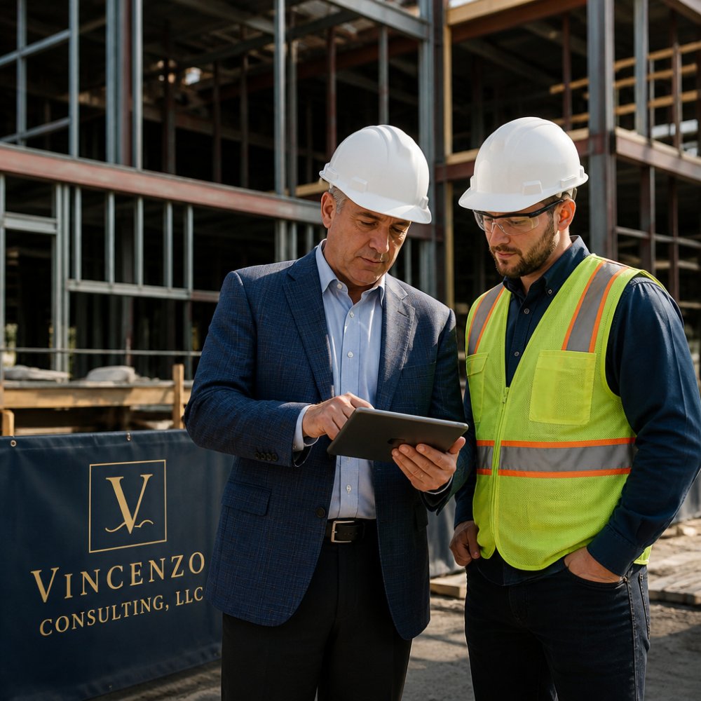 A construction owner's representative in a hard hat reviewing plans on a tablet with a general contractor on a commercial job site, steel framing visible in the background