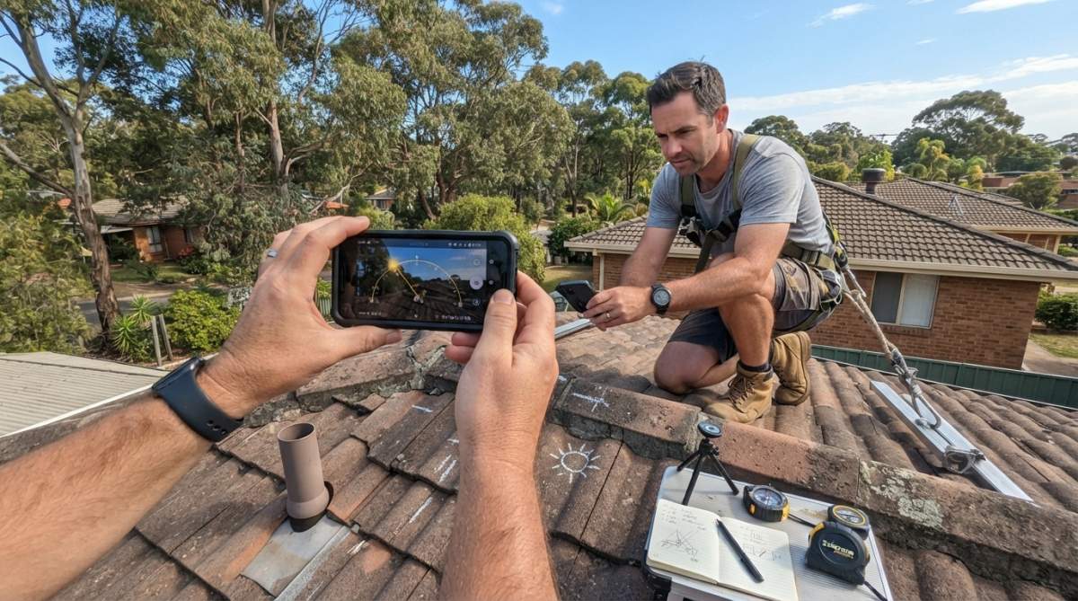 Homeowner using smartphone app to capture sun path angles and tree shadows on residential roof during afternoon, with solar panels visible in background