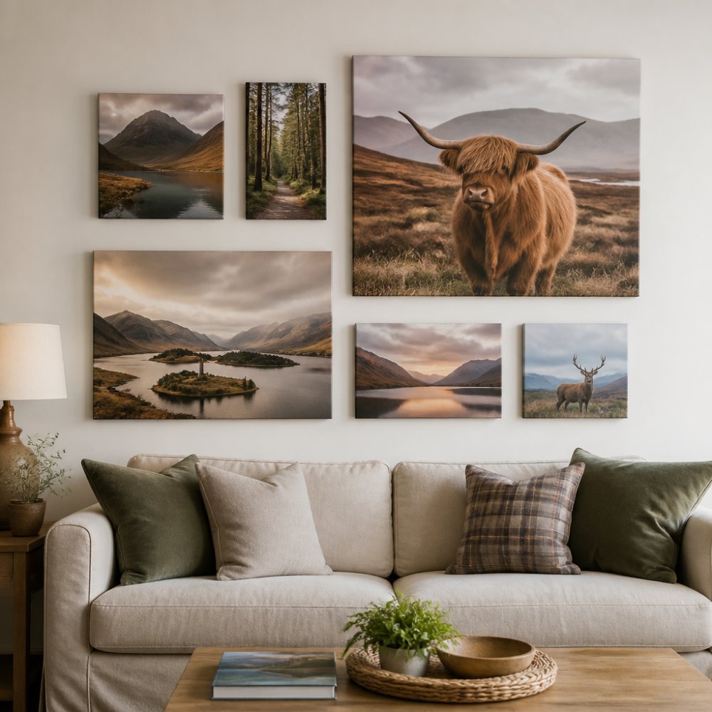 A bright living room wall with a mixed gallery wall of differently sized canvas prints, including a Highland cow canvas and smaller landscape prints, arranged in a balanced grid with a sofa below