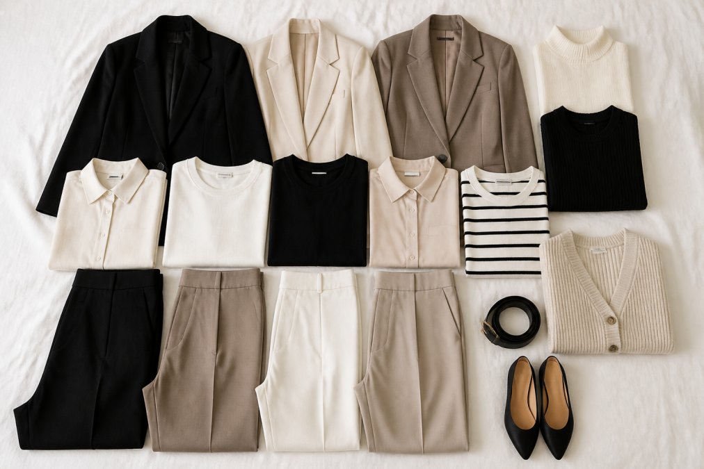 A neatly organized capsule wardrobe laid flat on a white surface, neutral-toned tops, structured blazers, modest trousers, and layering pieces arranged in a clean flat-lay composition with soft overhead lighting