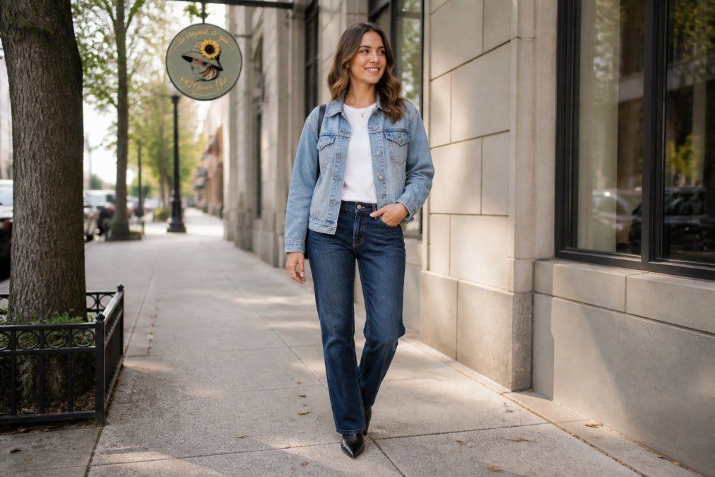 Stylish woman wearing light wash jacket and dark jeans for modern denim styles on a city sidewalk