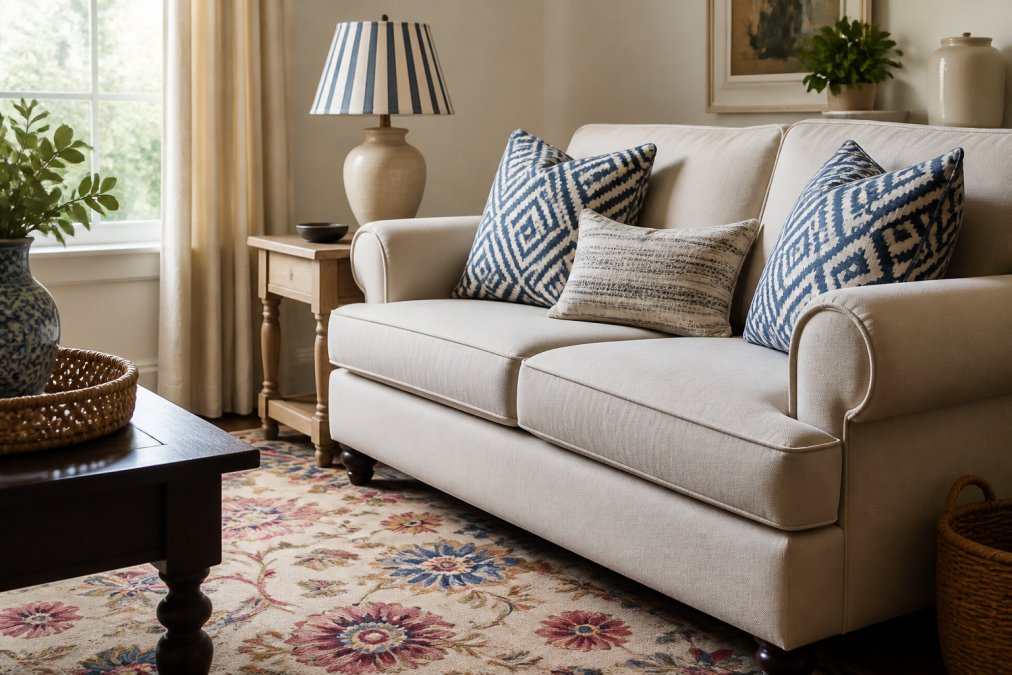 A living room corner styled with a floral area rug, geometric throw pillows on a neutral sofa, and a striped lampshade, photographed in soft afternoon window light