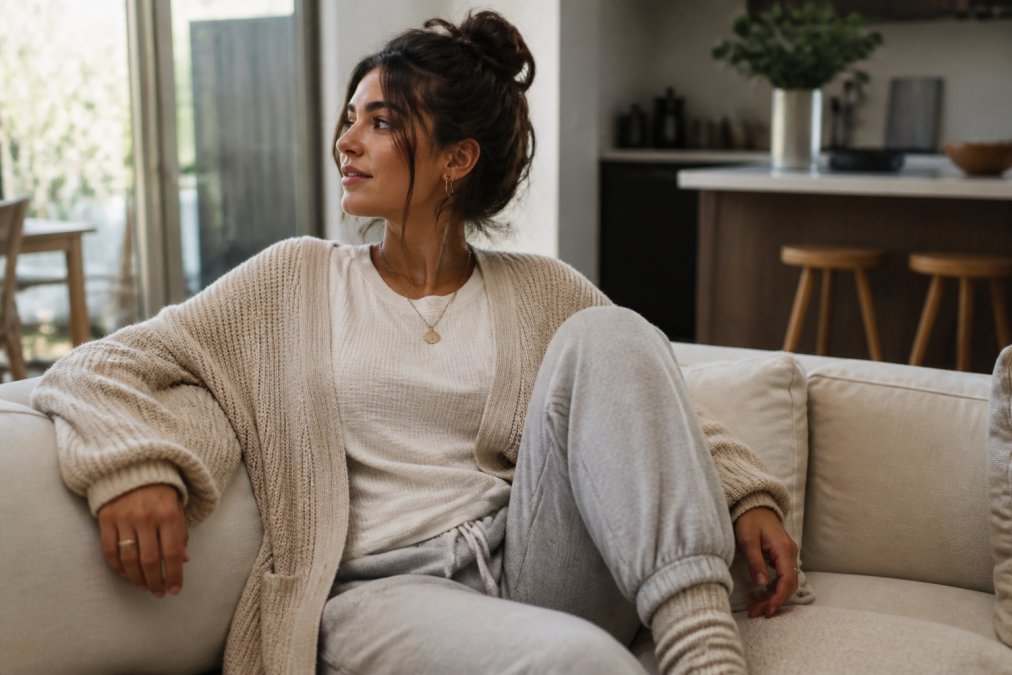 Woman wearing layered loungewear outfit with soft sweatpants, lightweight cardigan, and textured knitwear styled with jewelry and casual footwear, demonstrating fabric weight contrast in natural home lighting