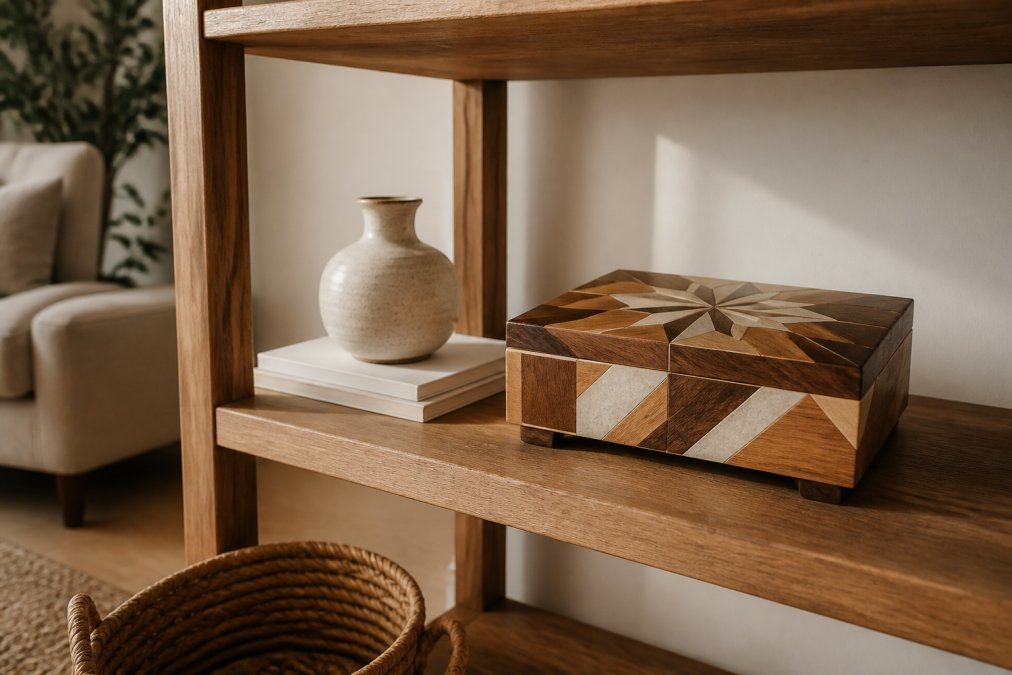 A styled wooden shelf holding a handmade marquetry decorative box with geometric resin inlay, a small ceramic vase, and a stack of books, lit by warm afternoon light in a neutral living room