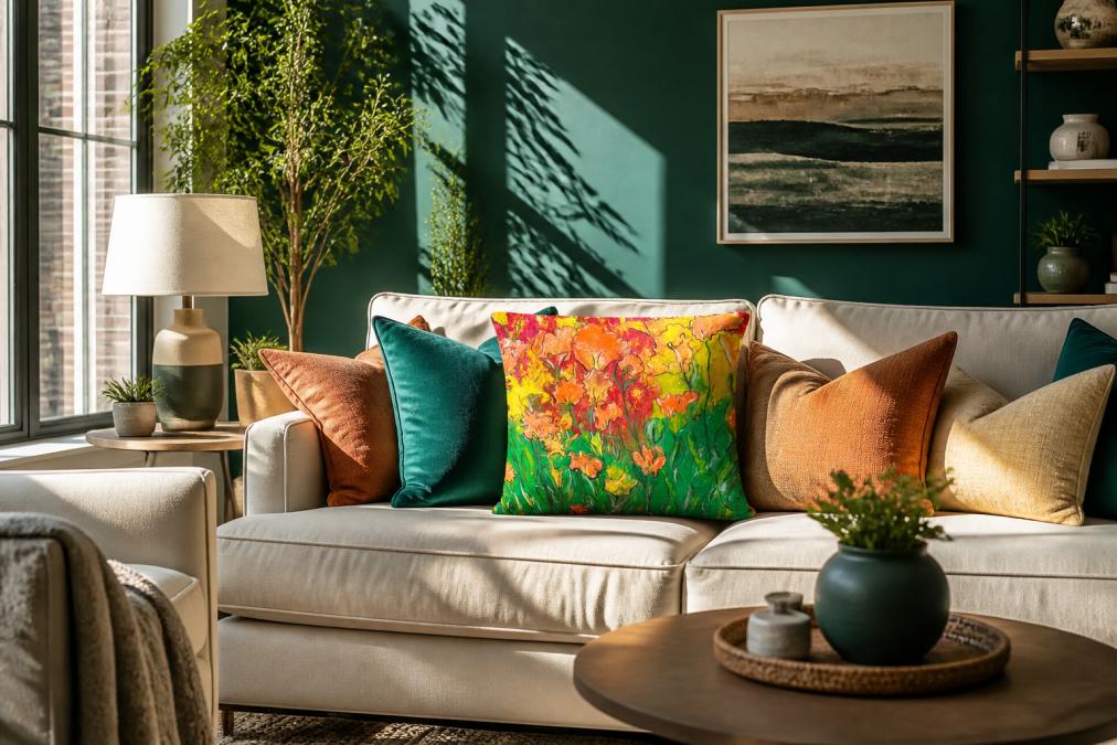 Modern living room with a bold jewel-tone accent wall in deep emerald green, neutral beige sofa, patterned throw pillows in complementary warm and cool tones, and natural light streaming through large windows creating dynamic shadows