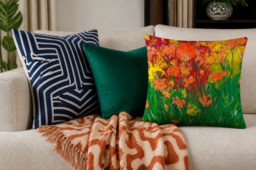Close-up of layered textiles on a living room seating area: a large-scale geometric patterned pillow in deep navy and white, an abstract patterned throw blanket in warm terracotta tones, and a solid jewel-tone accent pillow in emerald green arranged together on a neutral sofa