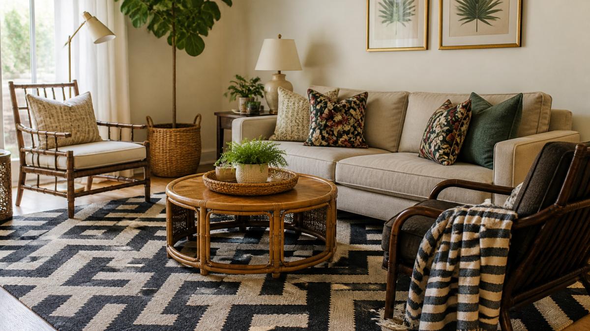 A bright living room with a bold geometric area rug, floral accent pillows on a neutral sofa, and a striped throw blanket draped over a chair, showing a balanced mix of patterns in a real home setting