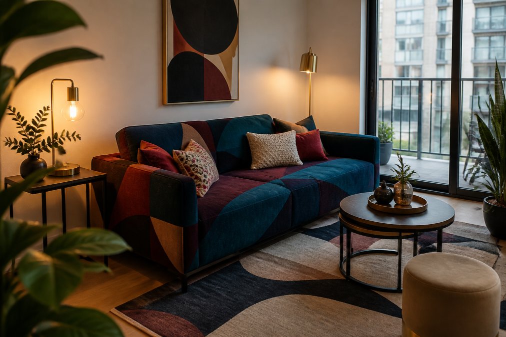 A compact urban apartment with a bold geometric sofa in deep jewel tones, layered with textured throw pillows and a patterned area rug, strategic accent lighting highlighting the sofa, and minimal additional furniture, showing how multiple design elements work together in limited square footage