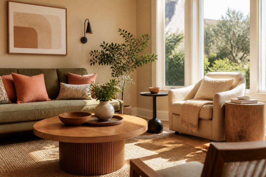 Modern living room with warm beige walls, muted sage green sofa, layered throw pillows in coral and cream, wooden side tables with mixed finishes, and natural light streaming through large windows