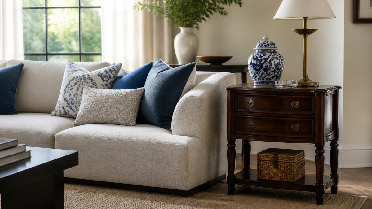 A bright living room where a modern low-profile sofa sits beside a traditional dark wood side table, styled with a blue porcelain ginger jar and a slim gold lamp, soft afternoon light through sheer curtains