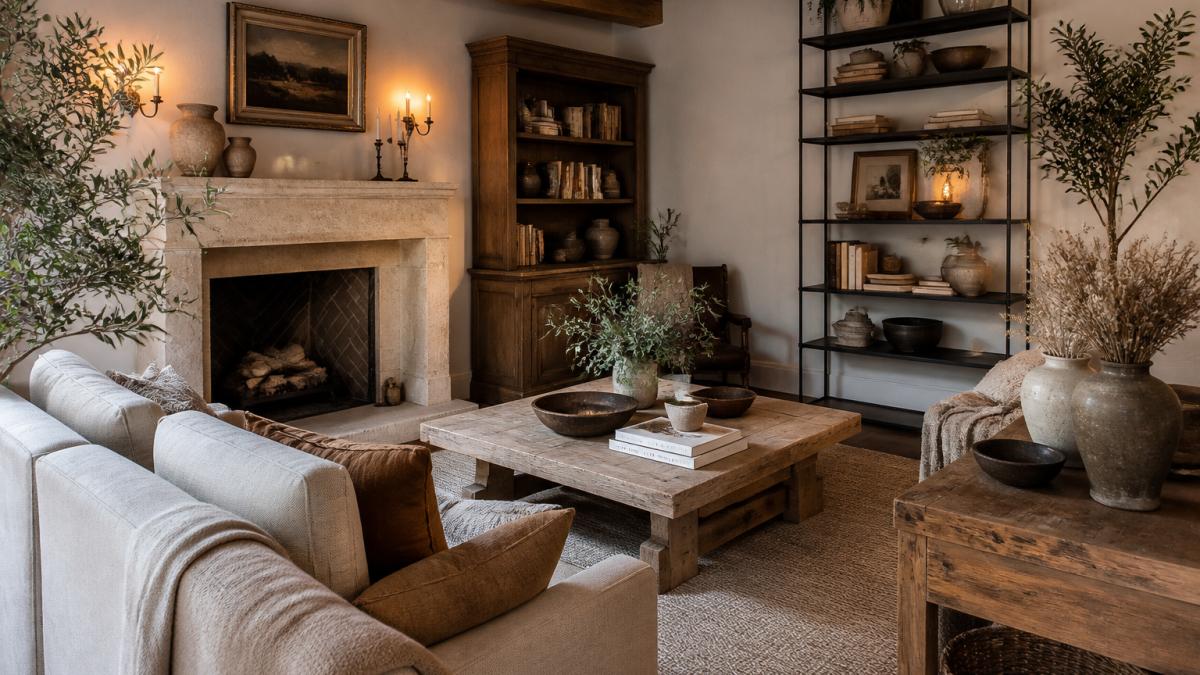Infographic illustrating steps to blend rustic wood and stone elements with modern decor in a living room