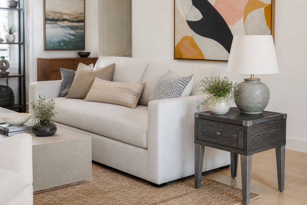 A modern living room with a cohesive contemporary foundation featuring clean-lined furniture in neutral tones, accented with one statement vintage wooden side table and eclectic artwork on the walls, demonstrating the 80/20 design principle