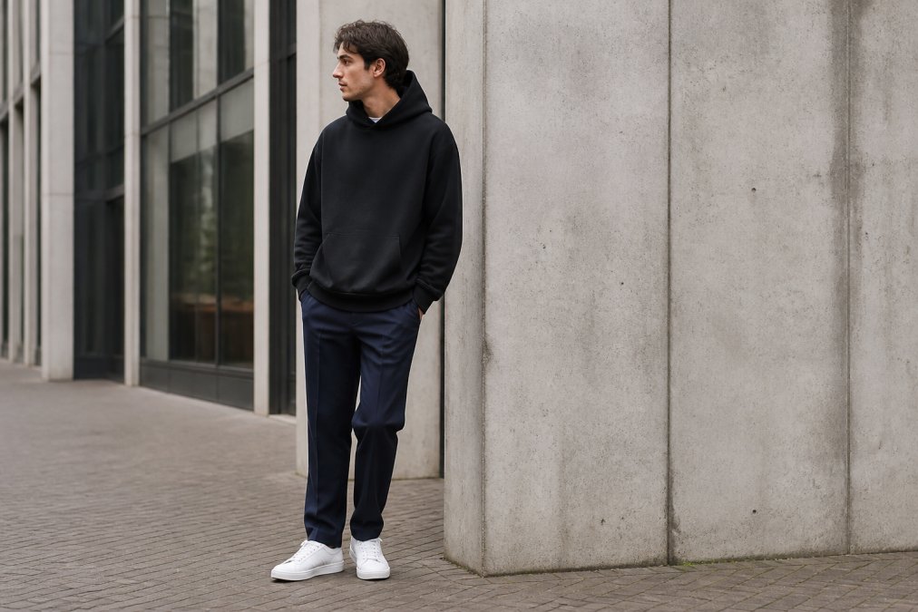 Man wearing an oversized black hoodie paired with tailored navy trousers and clean white trainers, standing in urban setting with natural daylight, showing balanced proportions and elevated street style