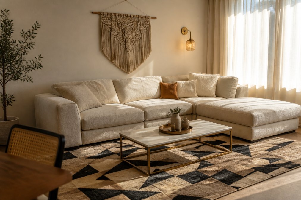 A bright, well-styled living room with a large neutral chenille sectional sofa as the dominant furniture piece, anchored by a bold geometric patterned rug, with a single macrame wall hanging and warm-toned seeded glass sconce light on the wall, afternoon sunlight streaming through sheer curtains