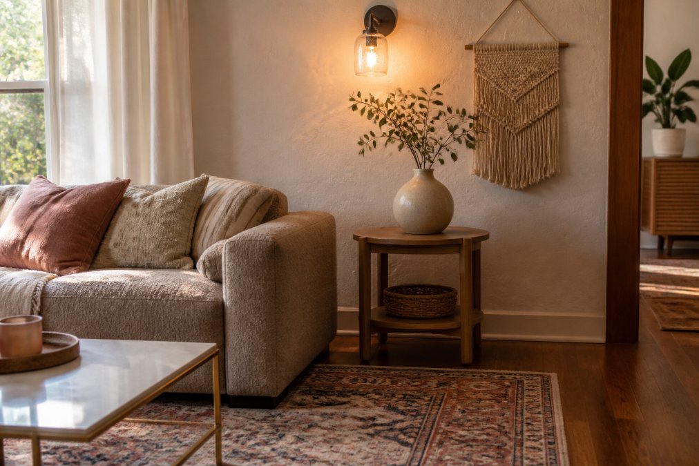 A cozy living room corner with warm afternoon light, featuring a chenille sofa with layered throw pillows, a patterned area rug on hardwood floors, a seeded glass wall sconce casting warm light on a textured wall, and a macrame wall hanging above a small side table with a ceramic vase