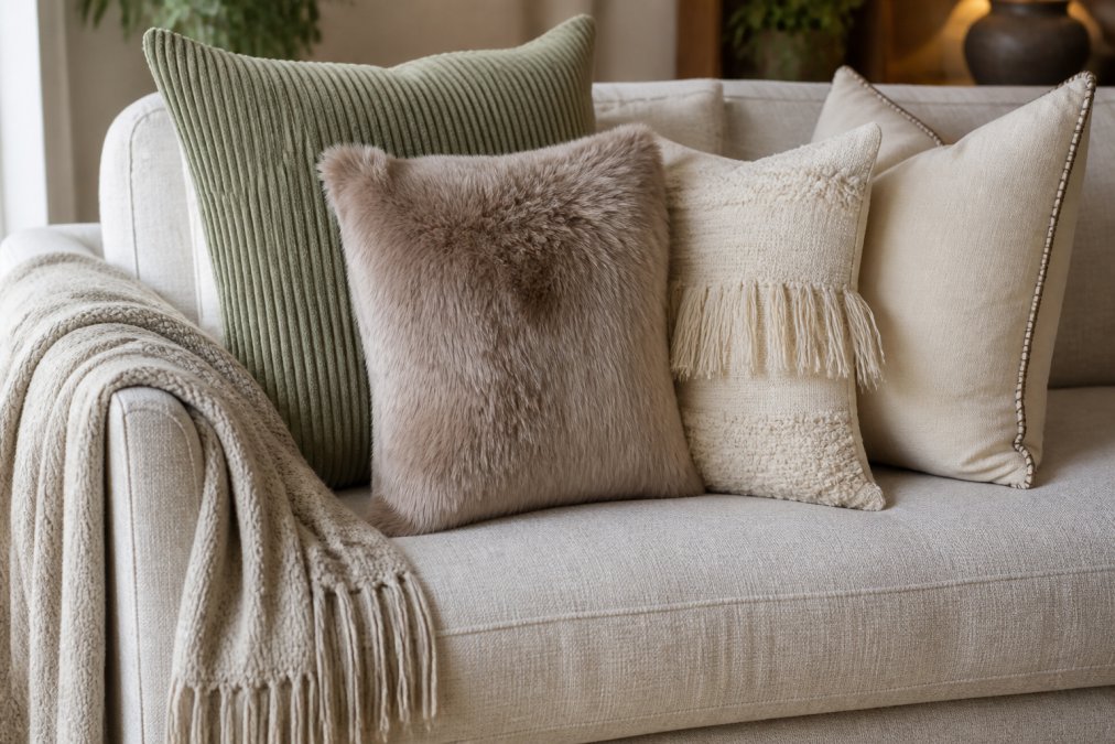 A close-up of a living room sofa layered with a sage green corduroy and faux fur throw pillow, a boho fringe cotton pillow, and a cream suede whipstitch pillow, with a textured wool blanket draped over the arm, showing varied tactile surfaces