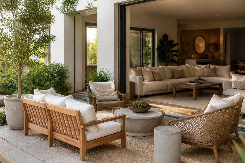 Modern patio seamlessly connected to interior living room with mixed materials including teak seating, woven accent chairs, and concrete side tables arranged intentionally with neutral cushions and layered outdoor rugs, natural afternoon lighting