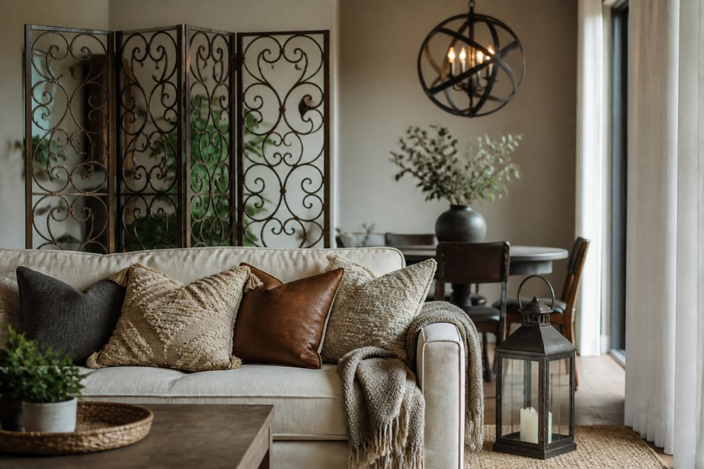 Vintage wrought iron divider and modern black chandelier in a neutral living room showing how to mix interior design styles