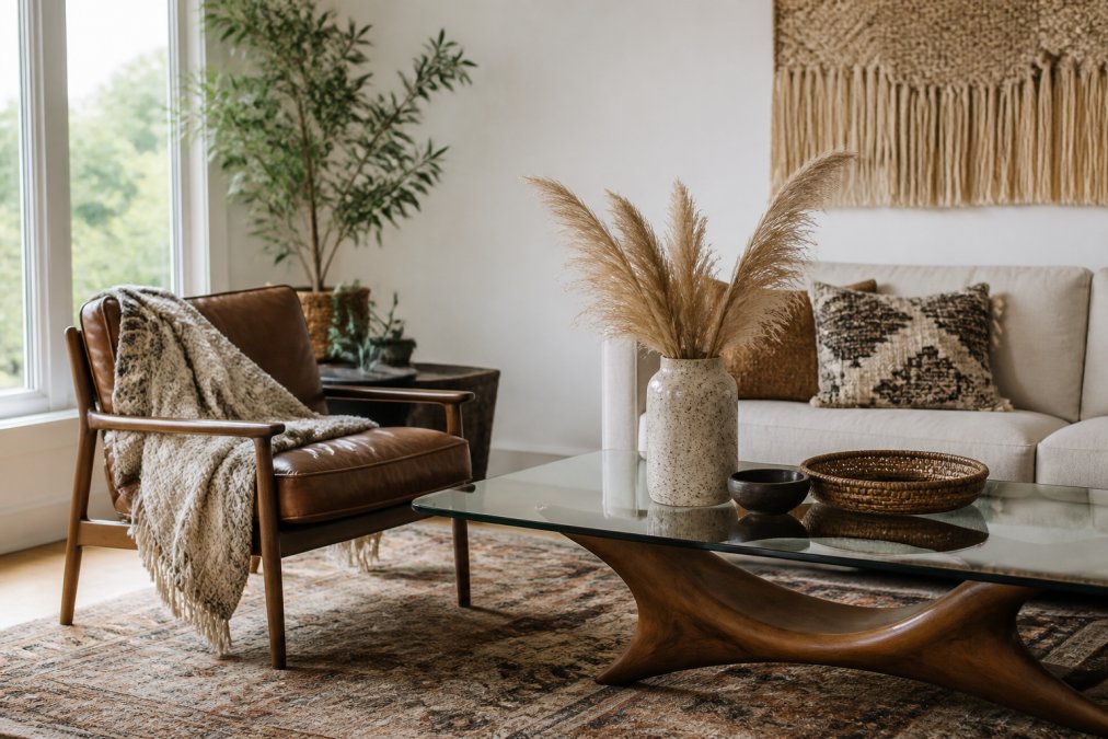 A bright, airy living room blending mid-century modern and bohemian styles: a vintage leather armchair beside a sleek glass coffee table, layered with a textured throw and a ceramic vase holding dried pampas grass, natural light streaming through a large window