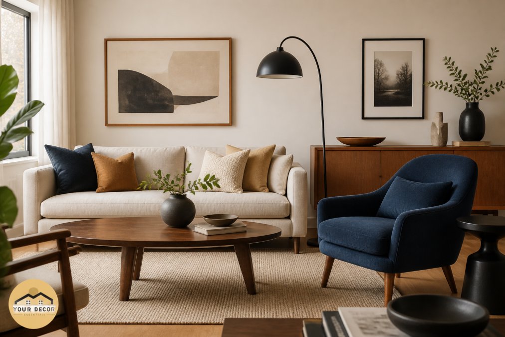 Modern living room with cream walls, warm wood tones in furniture and flooring, matte black metal accents on lighting and hardware, deep blue upholstered accent chair, creating cohesive color harmony across mixed-era pieces