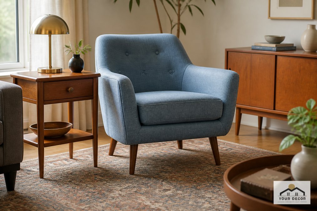 Styled living space with contemporary accent chair in soft blue linen positioned beside vintage wooden side table with brass lamp, transitional patterned rug anchoring the arrangement, demonstrating how one statement piece creates visual harmony