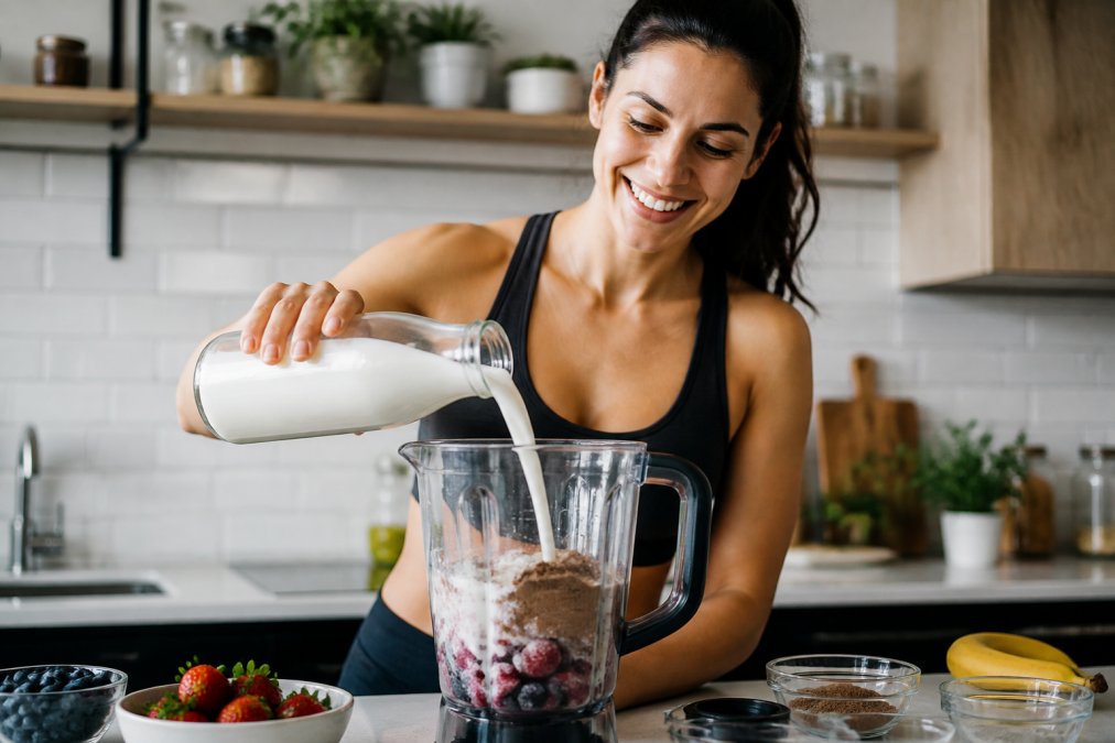 A person's hands pouring unsweetened almond milk from a glass bottle into a blender pitcher filled with frozen fruit and a scoop of chocolate protein powder on a bright kitchen counter