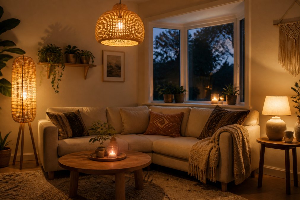 Diagram showing how to mix Scandinavian and bohemian lighting styles by layering rattan, bamboo, and linen lamp textures.