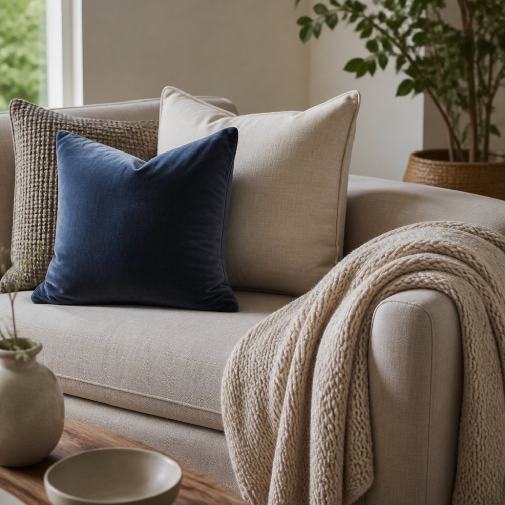 A styled neutral-toned living room sofa in soft natural light, layered with a plush velvet blue cushion, a smooth linen cushion in cream, and a chunky knit throw draped casually over the armrest