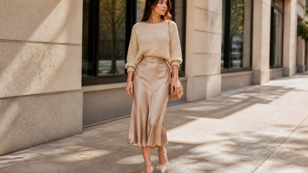 Woman wearing a chunky knit sweater tucked into a smooth satin midi skirt on a sunlit city sidewalk