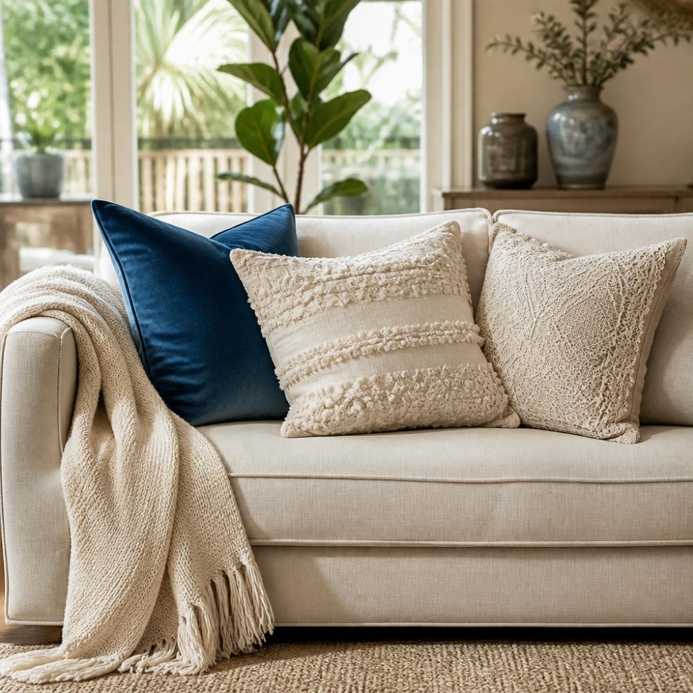 Blue velvet, textured cotton, and lace cushions layered on a sofa with a soft throw blanket drape